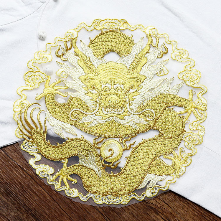 Ethnic Fashion Clothing - Golden thread dragon circular fabric patch