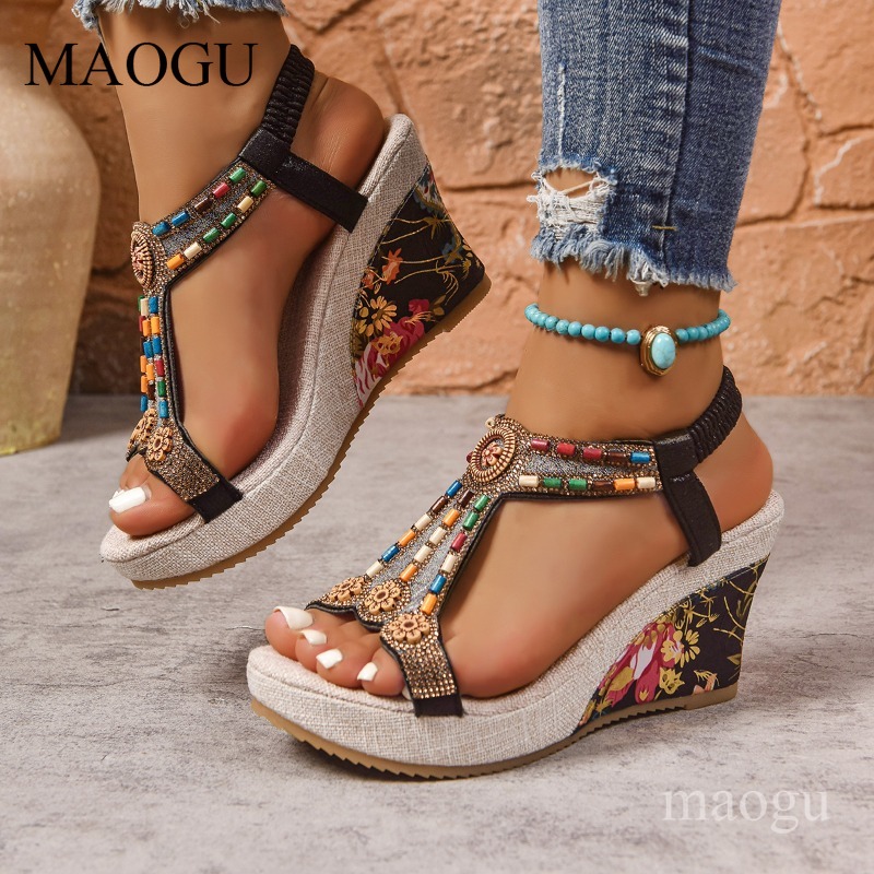Boho Beaded Floral Wedge Sanda - Ethnic Fashion For Women 评论和价格
