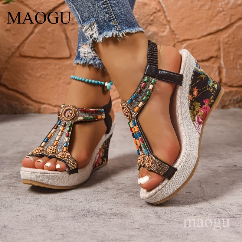 Boho Beaded Floral Wedge Sanda - Ethnic Fashion For Women 评论和价格