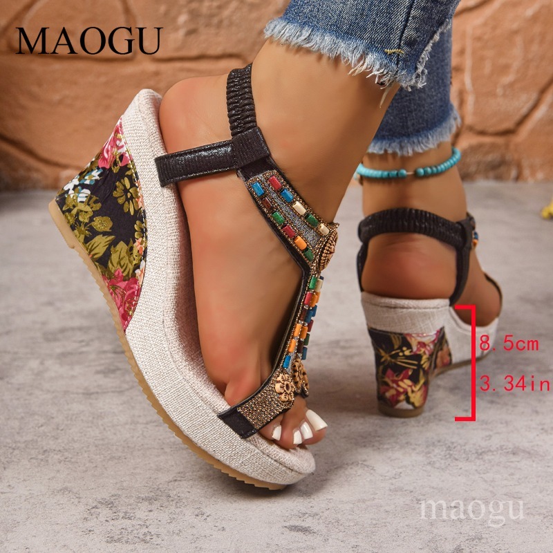 Boho Beaded Floral Wedge Sanda - Ethnic Fashion For Women 评论和价格